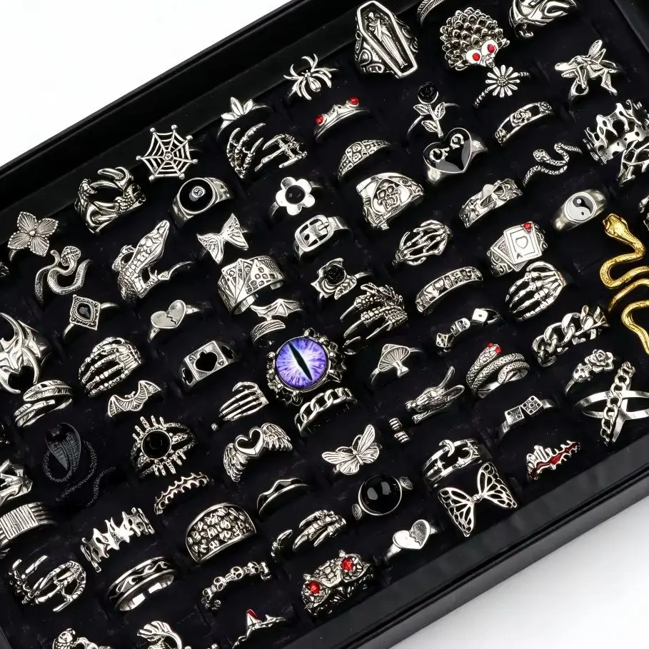 10/20/30/50Pcs/Lot Vintage Punk Gothic Rings For Women Men Snake Dragon Skull Evil Eye Butterfly Mix Retro Jewelry Party Gifts