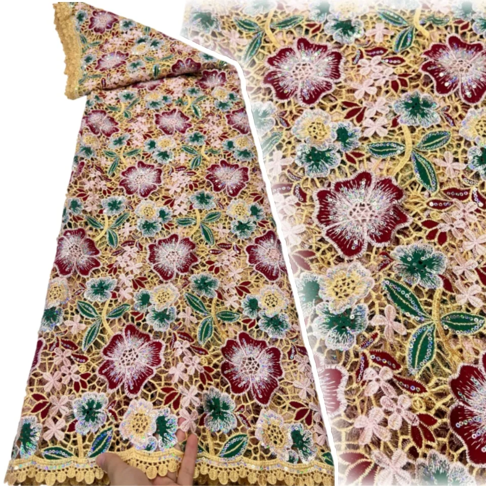 New African Guipure Fabric Embroidery Cord Lace with Flower Traditional Senegal Water Soluble Fashionable Sewing Material 3706