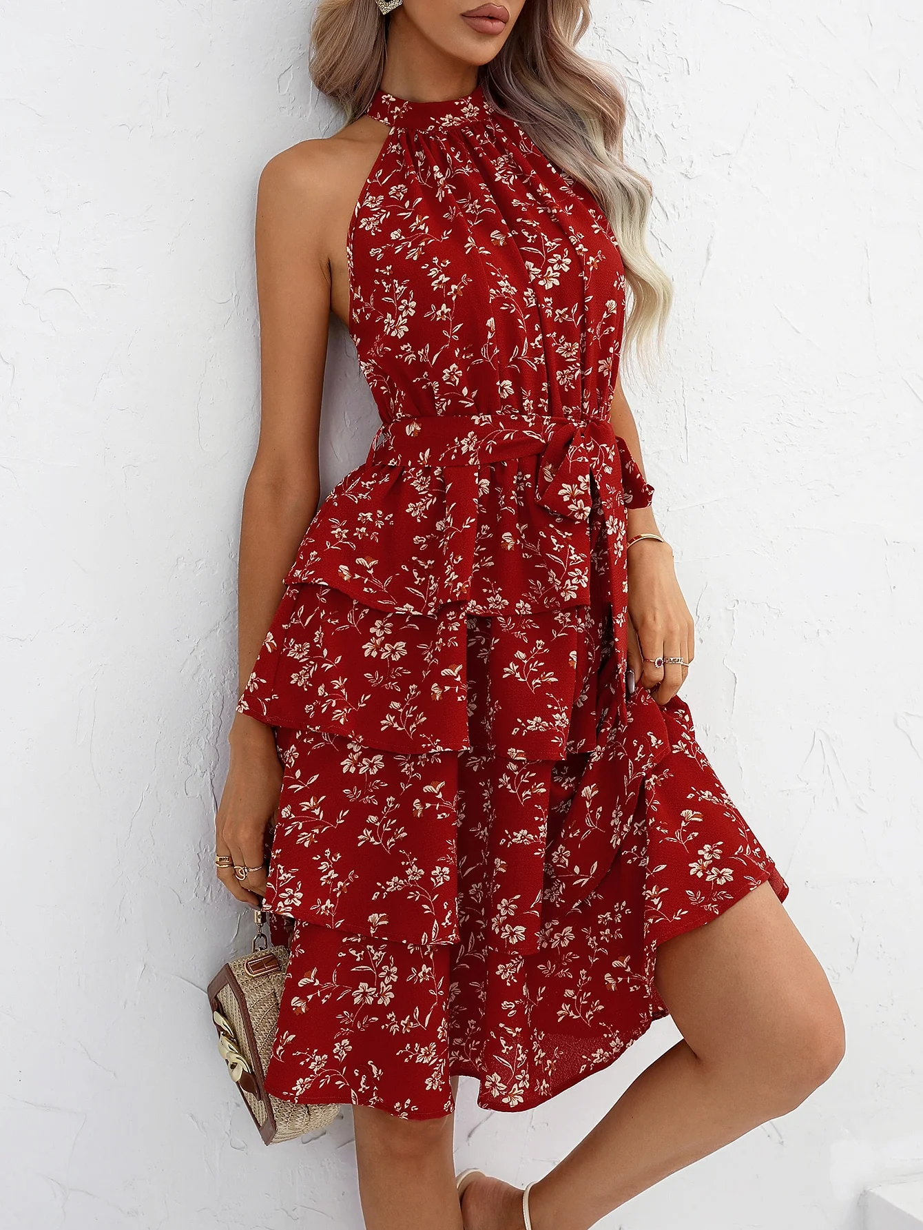 Robe Sexy rouge à volants, épaules dénudées, jupe gâteau sans bretelles, col licou, robe pour occasions spéciales pour femmes