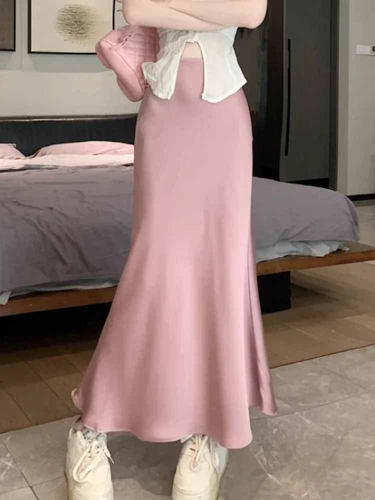 Women's Long Skirt Silk High Waisted Slim Fashion Korean Satin midi Skirt Solid Champagne Black Midi Skirts for Women