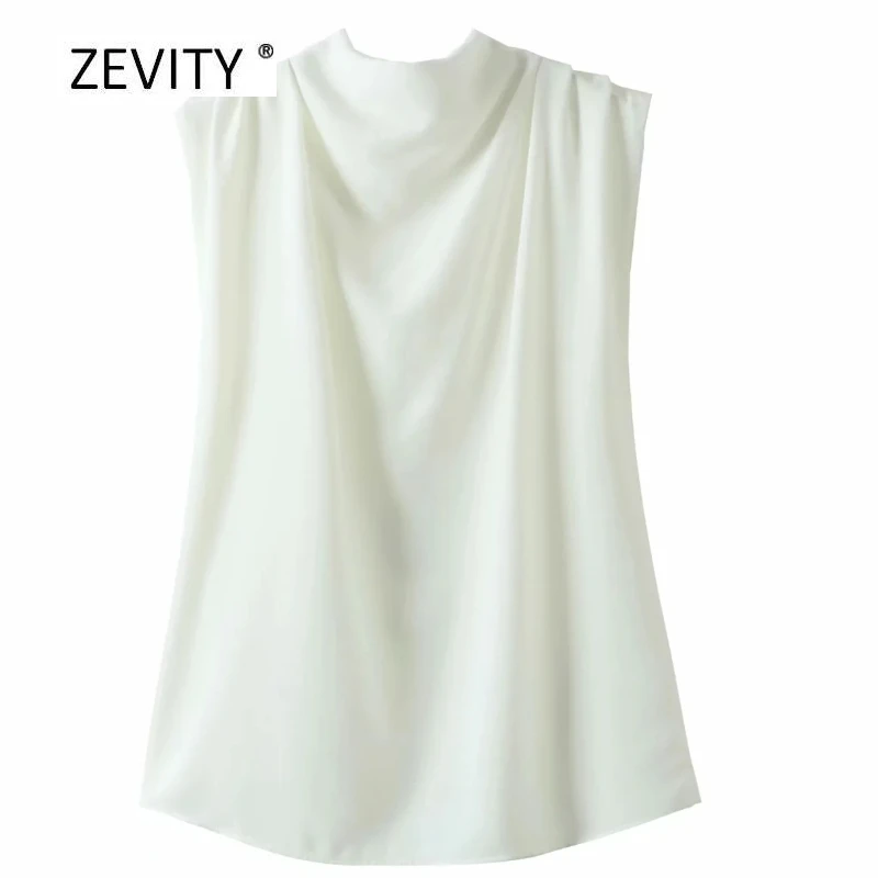 New women fashion solid color stand collar pleats sleeveless smock shirt ladies office blouses chic roupas femininas tops LS6913