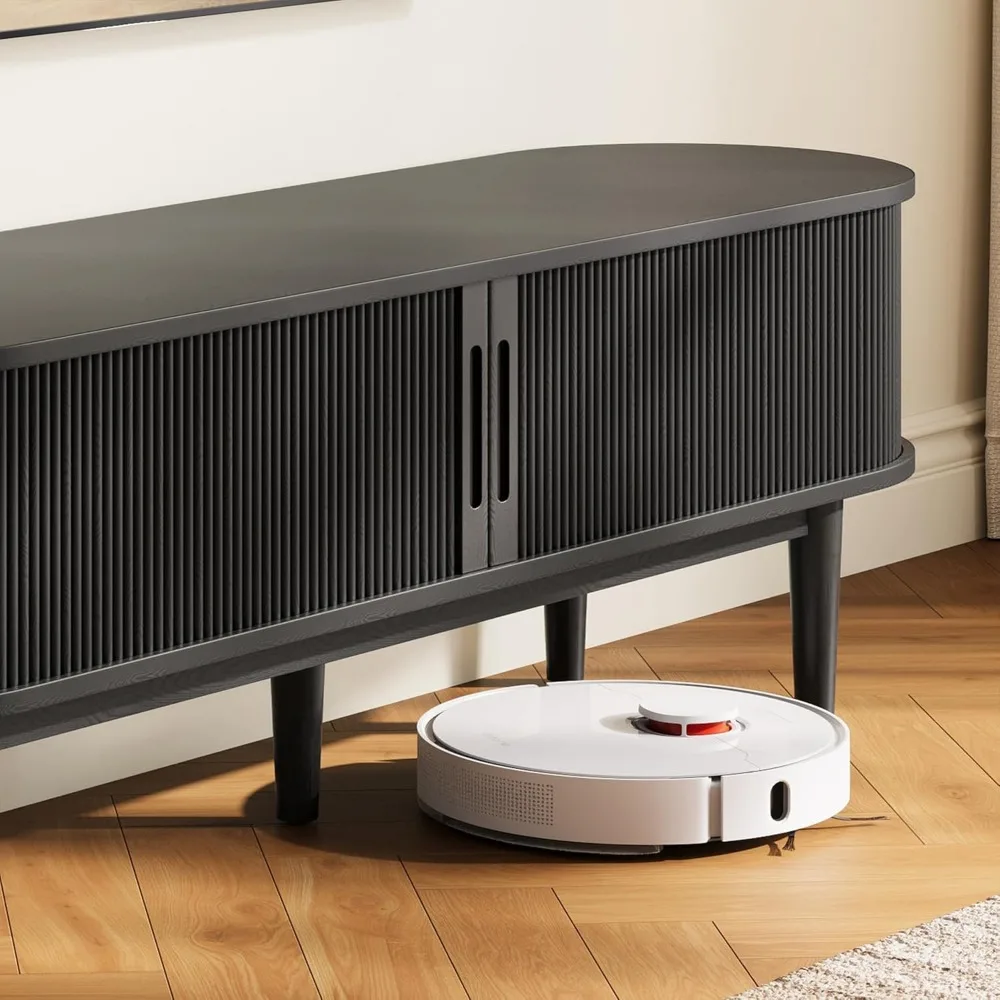 Mueble para TV moderno de mediados de siglo 65 con puerta corredera y almacenamiento - Centro de entretenimiento de madera estriada para sala de estar