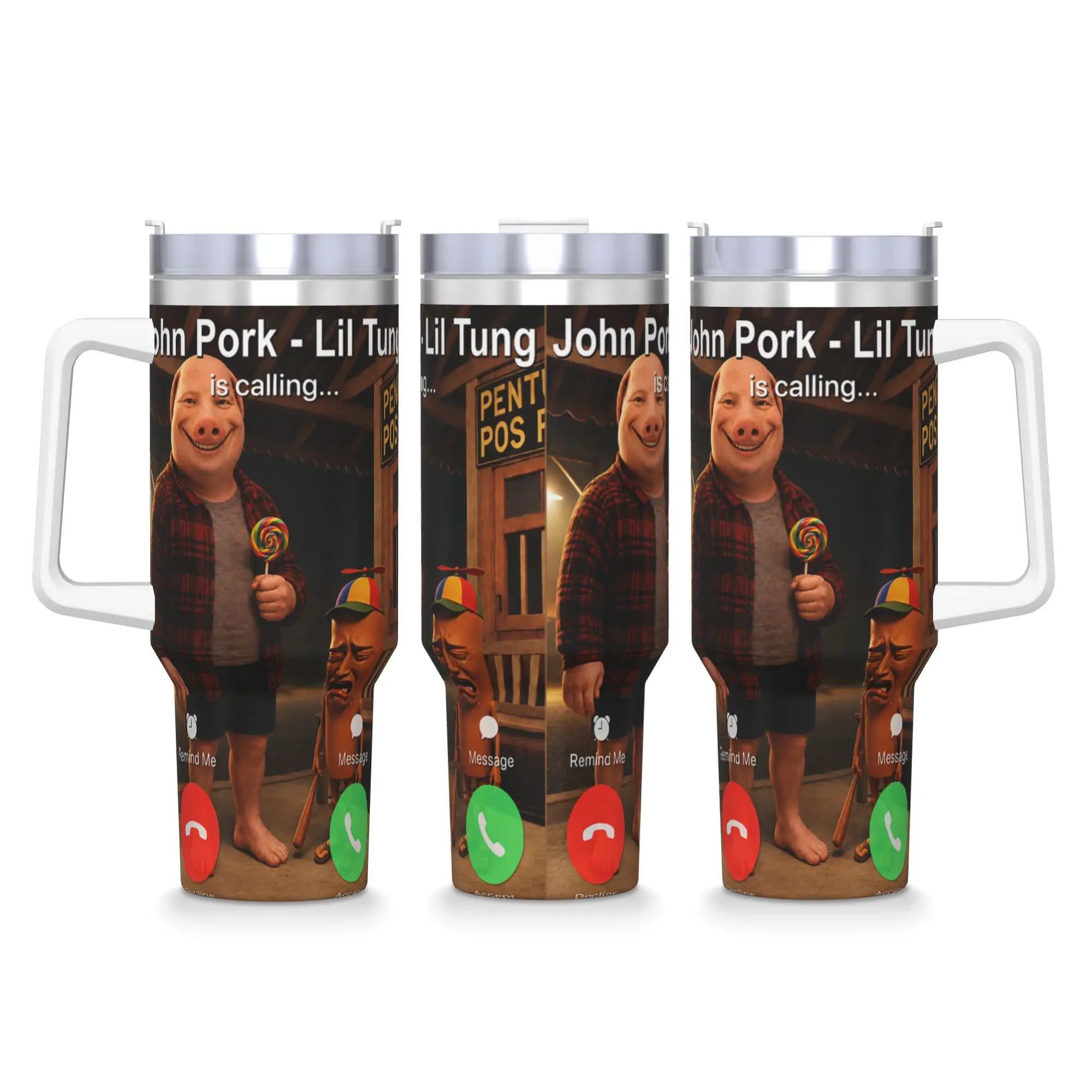 Stainless Steel Tumbler John Pork Lil Tung Brother is Calling Brainrot Meme Mugs Cup With Straws  Beach Hot Drinks Water Bottle