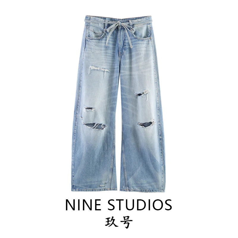 

Casual Loose Wide Leg Jeans Women's Denim Pants with Belt Hole Decoration Spring Fashion Ladies Loose Fit Cotton Jeans