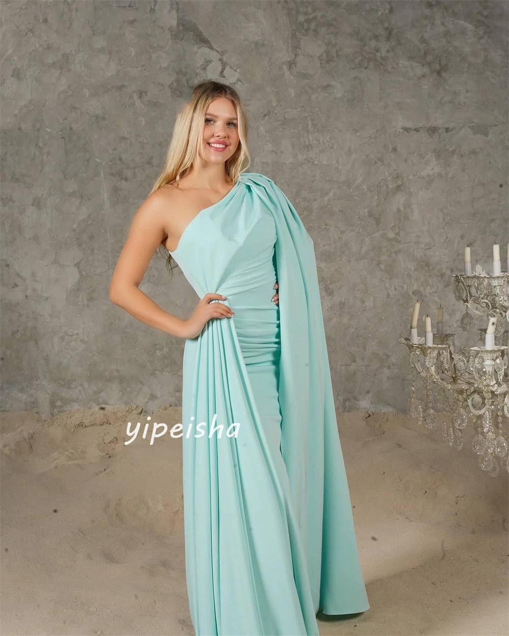 Jersey Ruched Valentine's Day A-line One-shoulder Bespoke Occasion Gown Long Dresses