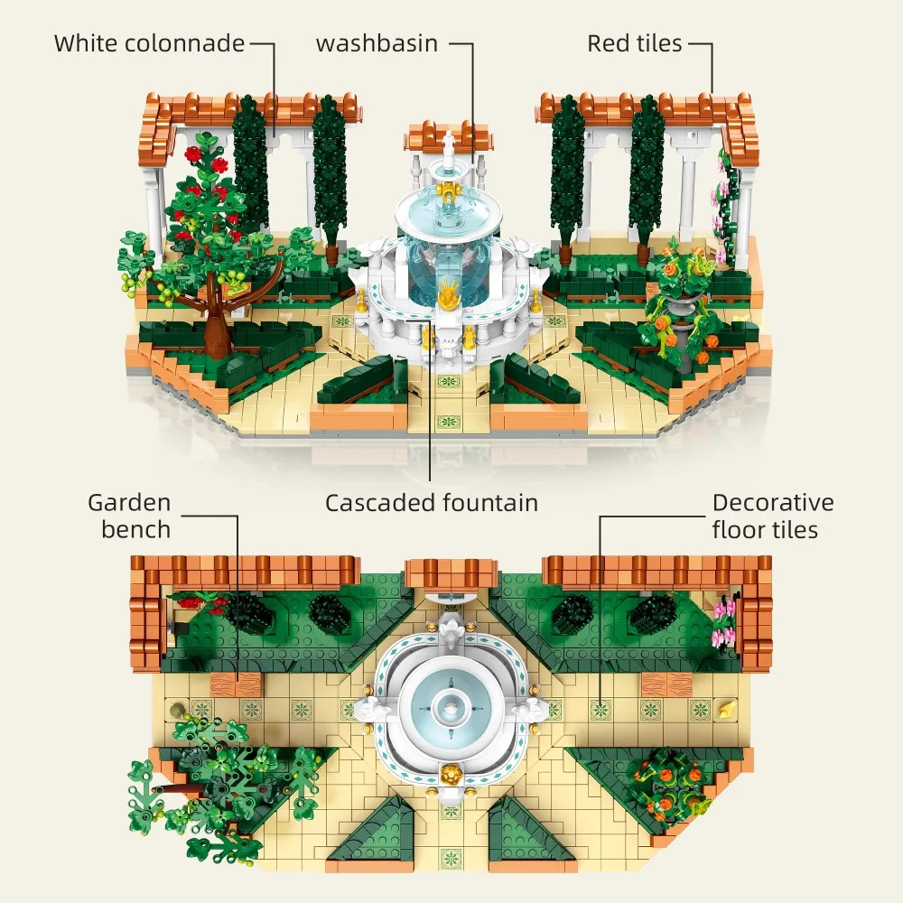 European Fountain Garden Architecture Building Set - Classic Landscape Model with Plants & Plaza, DIY Display Art for Adults
