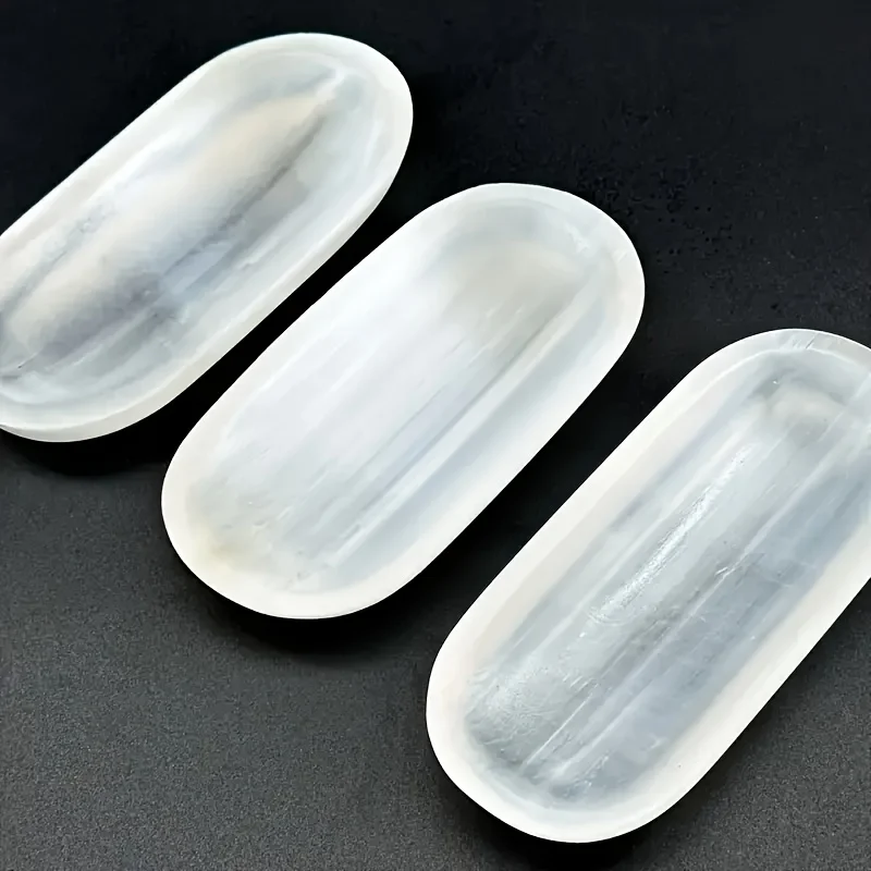1pc Selenite Bowl Plate Ornament, Irregular Oval Carved Quartz Crystal, Crystal Storage Decoration, Gift for Friend Crystal view 3