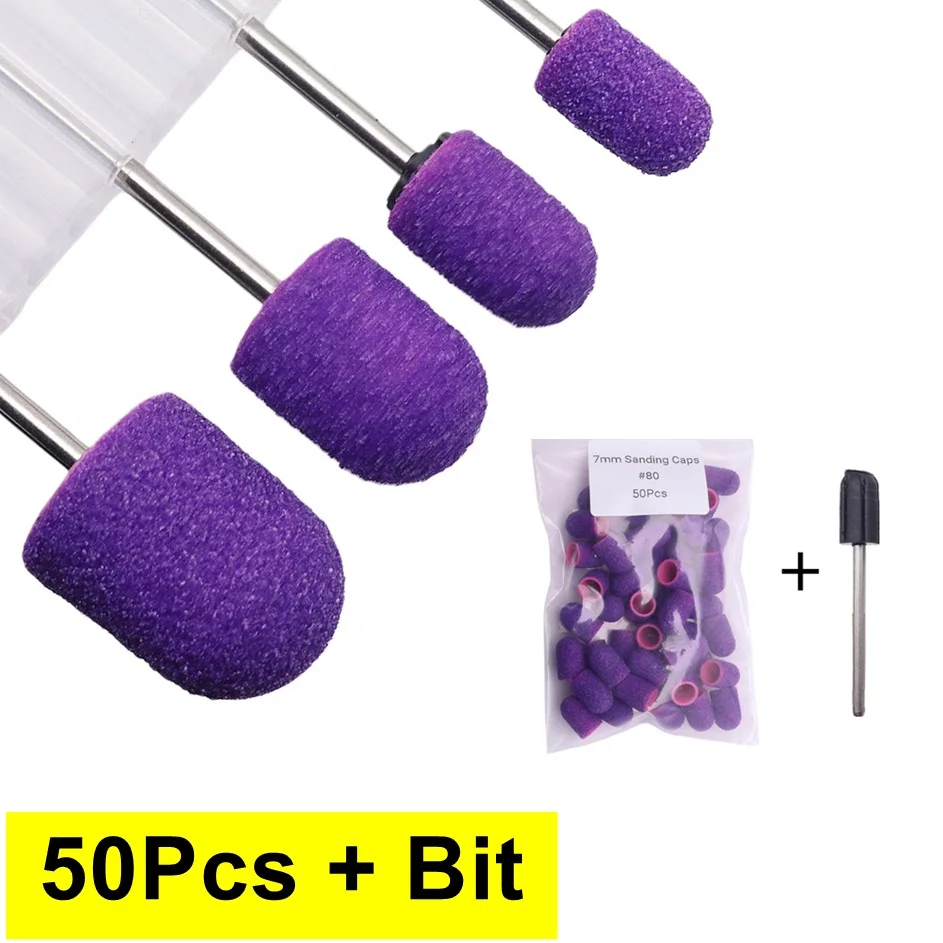 

50pcs Nail Drill Pedicure Sanding Caps with Rubber Nail Sanding Bands Milling Cutter Rotating Remove Burrs Electric Manicure