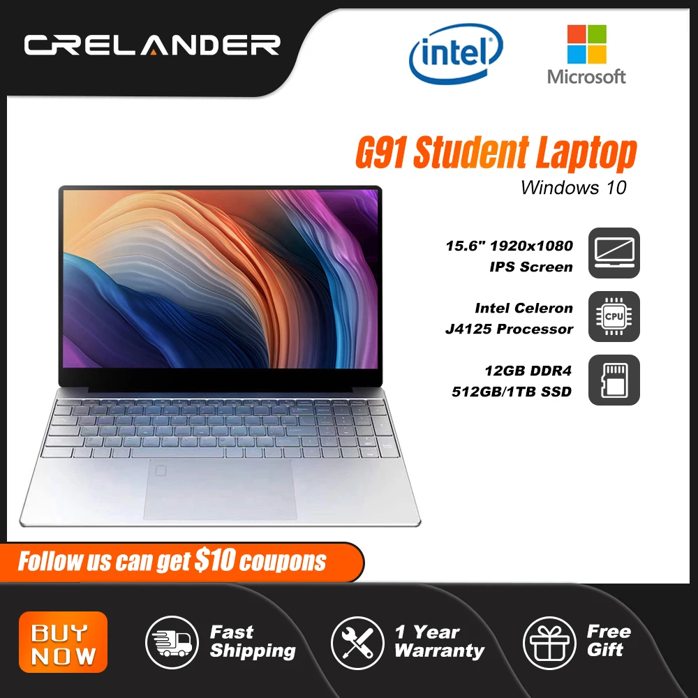 CRELANDER Laptop 15.6 Inch 12GB RAM 128GB/256GB/512GB/1TB SSD Intel J4125 Windows 10 Notebook Computer Pc Portable