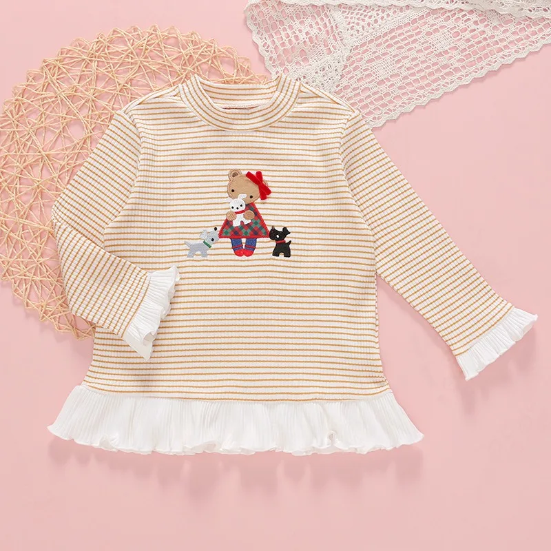 Japanese Girls T-Shirts Cartoon Bear Striped Ruffle Long Sleeve T-shirt Cute Crew Neck Tops Kids Basic Layering Undershirt