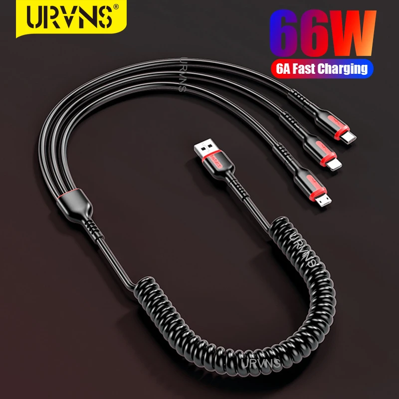 URVNS USB 66W Super Fast Charging Cable, Retractable Multi 3 in 1 Type C/Micro USB 6A Charger Cord for iPhone Samsung Huawei