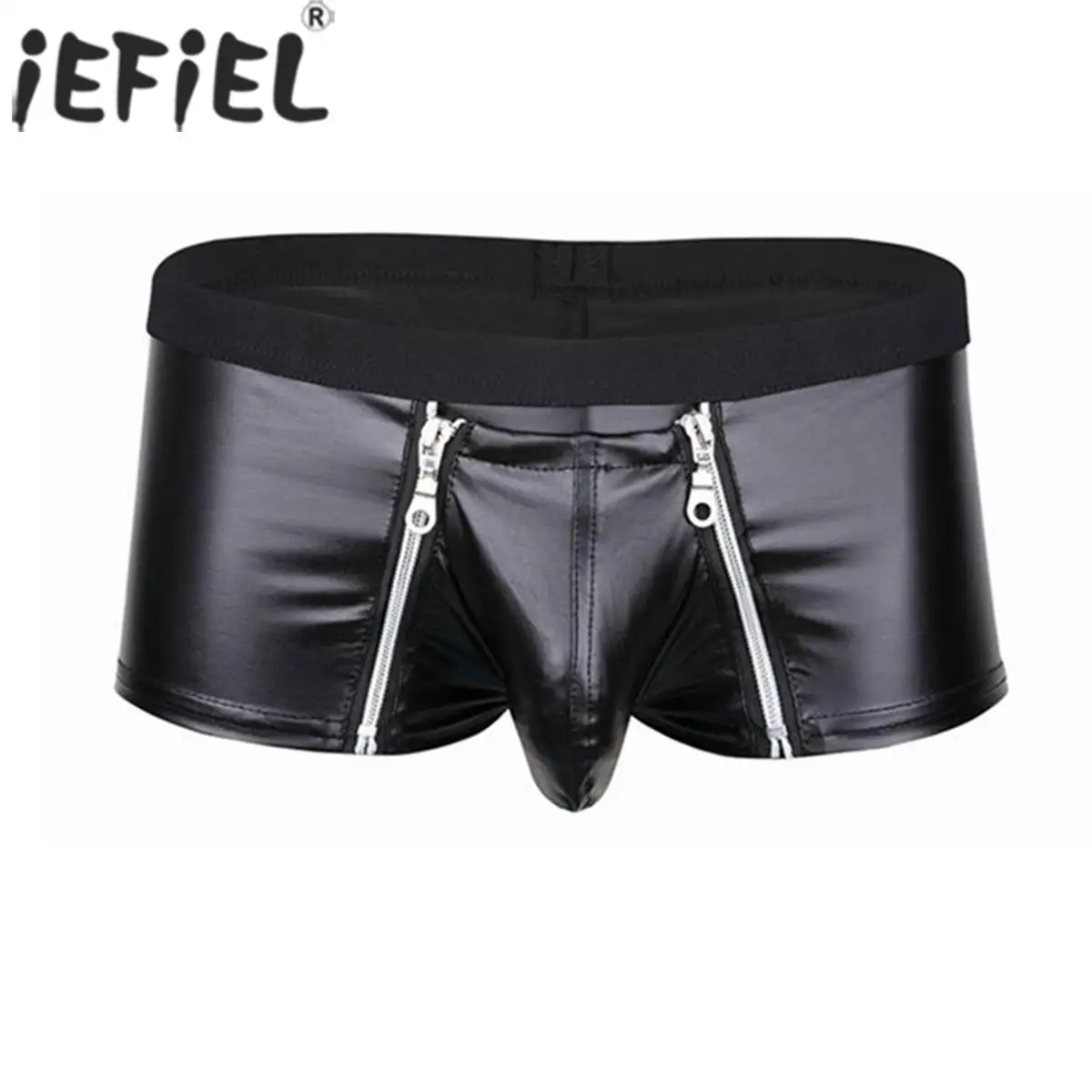 

Mens Glossy Stretchy Faux Leather Briefs Underwear Elastic Waistline Low Rise Zipper Pouch Boxer Underpants for Lingerie Night