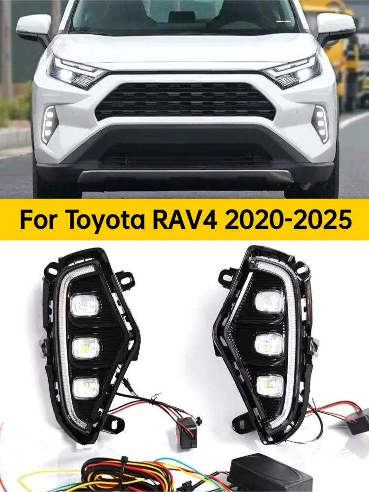 For Toyota RAV4 2020-2025 Car Led Daytime Running Light Lens Type Front Fog Light Frame Upgrade LED DRL Yellow Turn Signal Lamp