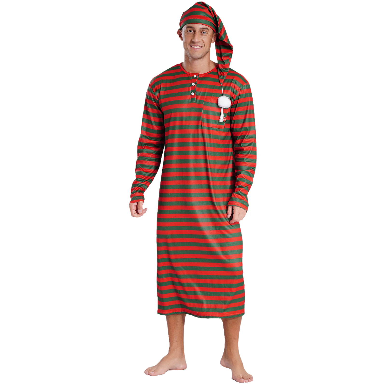 Mens Loose Long Robe Adjustable Hat with Pom-pom Striped Sleep Robe with Hat Set Long Sleeve Sissy Nightwear Christmas Sleepwear