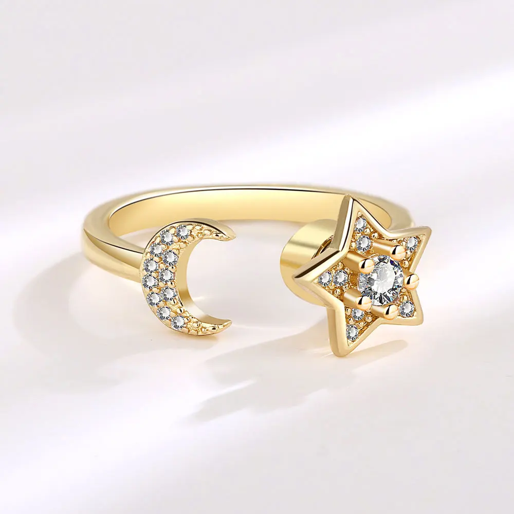 VENTFILLE 925 Sterling Silver Moon And Stars Zircon Rotatable Ring For Women Gift Diamond Relieve Stress Ring Jewelry Wholesale