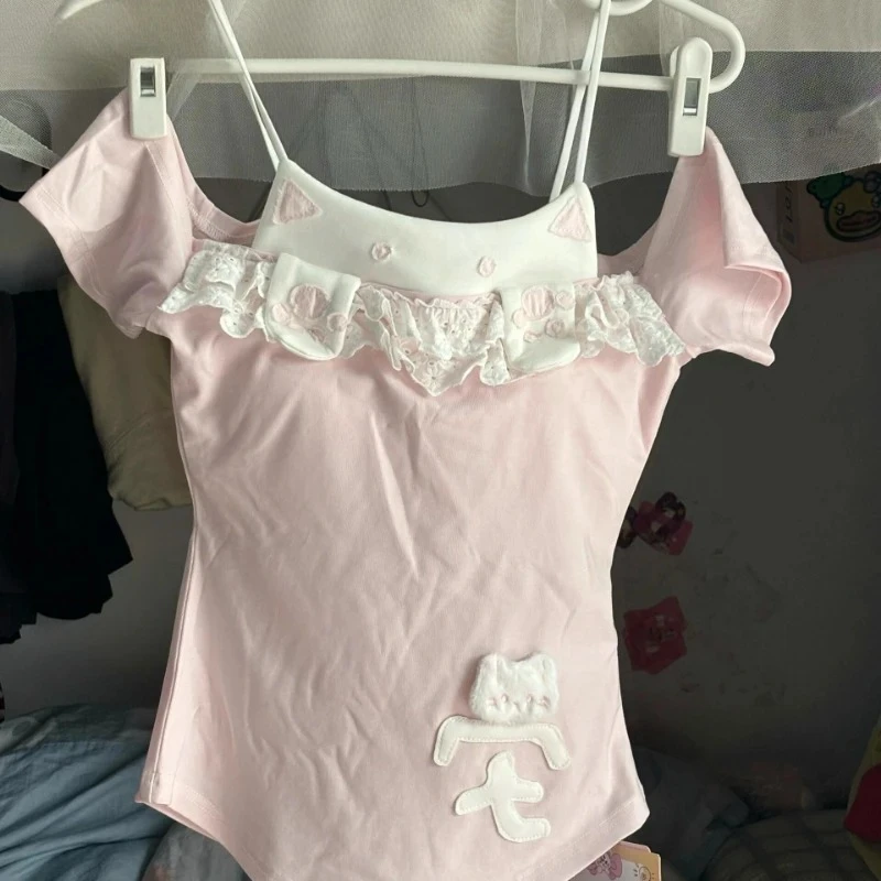 Summer Kawaii Fake Two Pieces Cartoon T-shirt Women Japanese Sweet  Lace Patchwork Tops Y2k Aesthetic Fairy Irregular Cute Tees