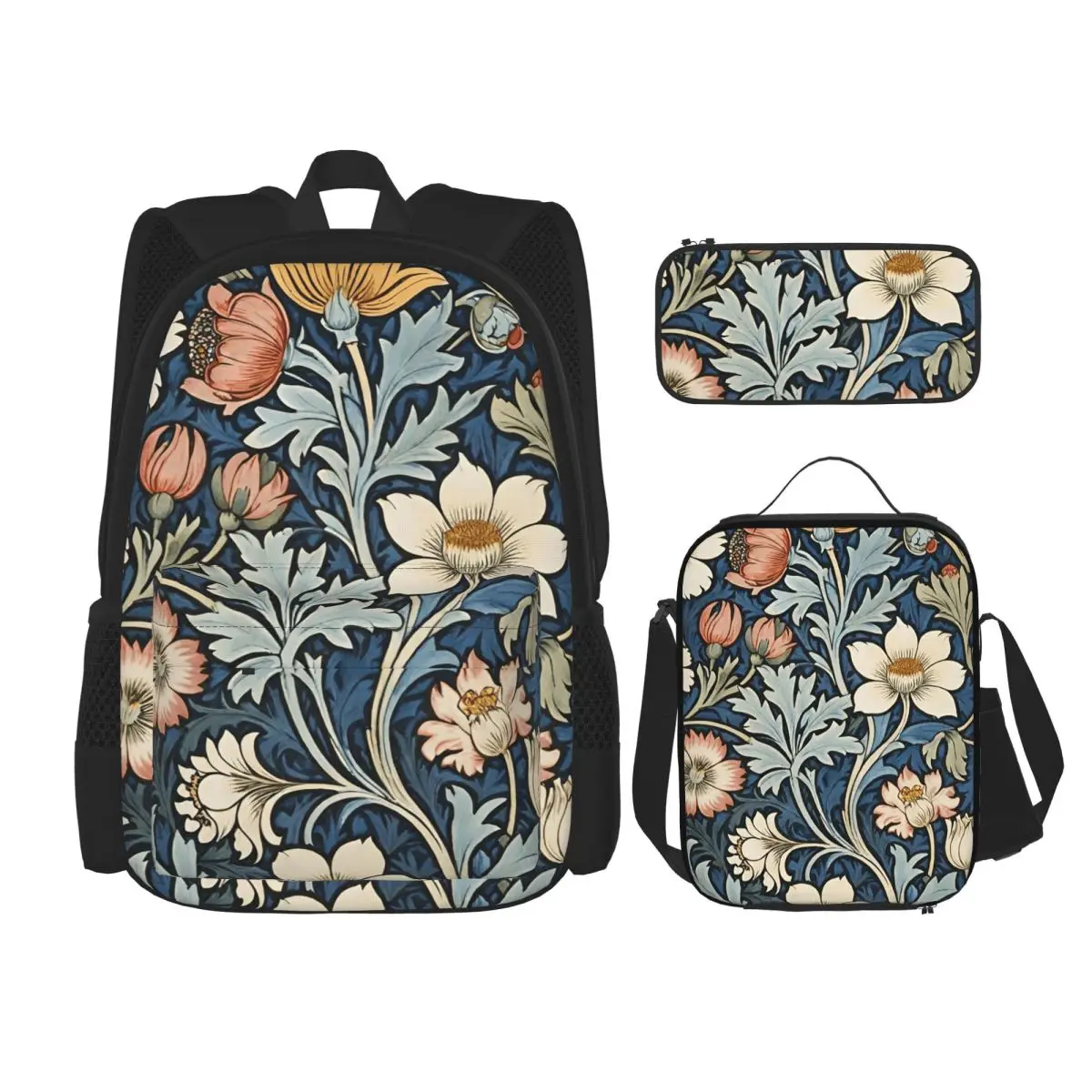 Sacs à dos encadrés William Morris Botanical Bliss, sacs à livres pour enfants, sacs d'école, sac à déjeuner, sac à crayons, ensemble de trois pièces