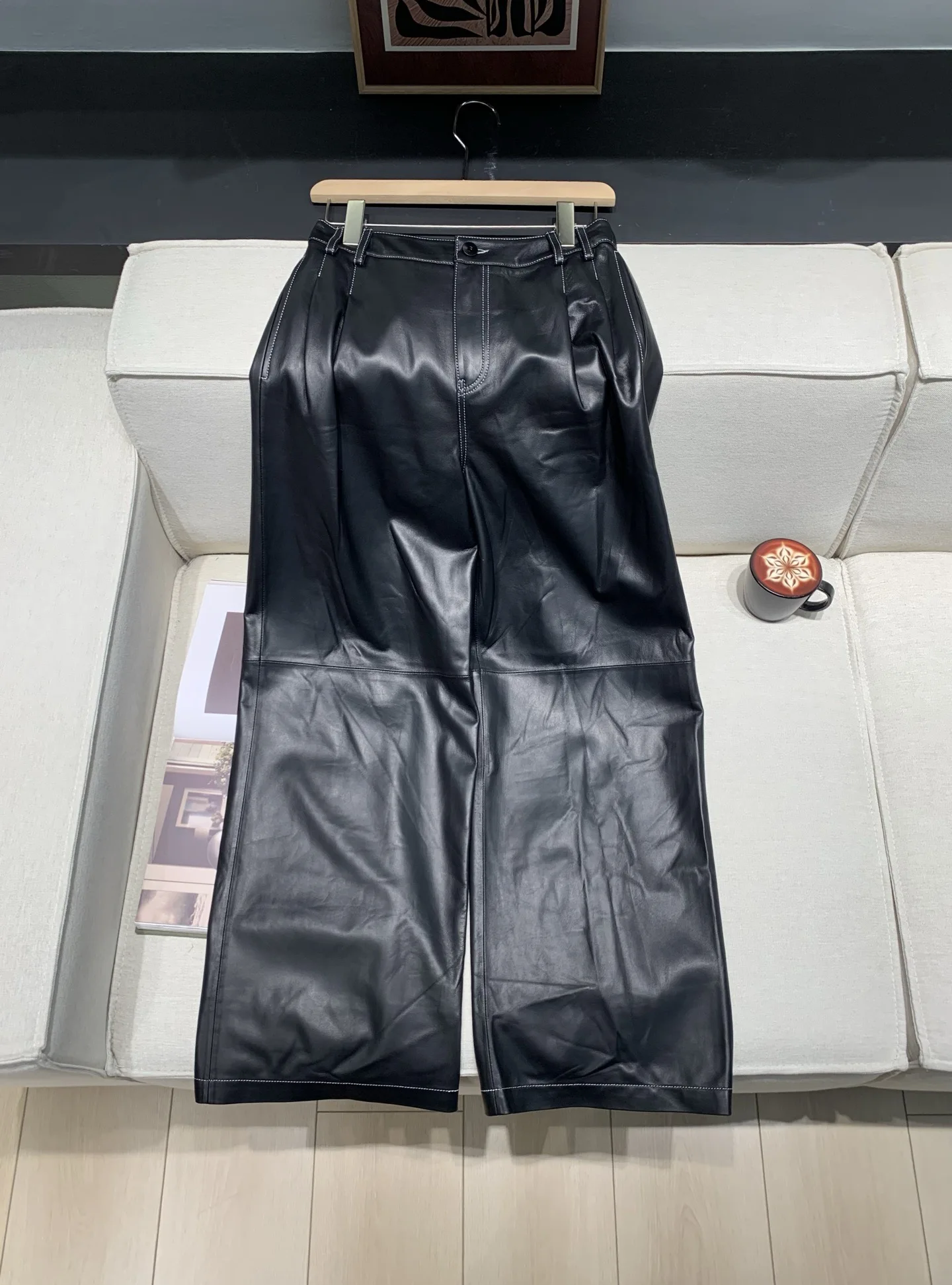 جديد الخريف/الشتاء عالية الجودة المألوف جلد الغنم زر أسفل سترة قصيرة + مستقيم الساق واسعة الساق السراويل دعوى للنساء #5