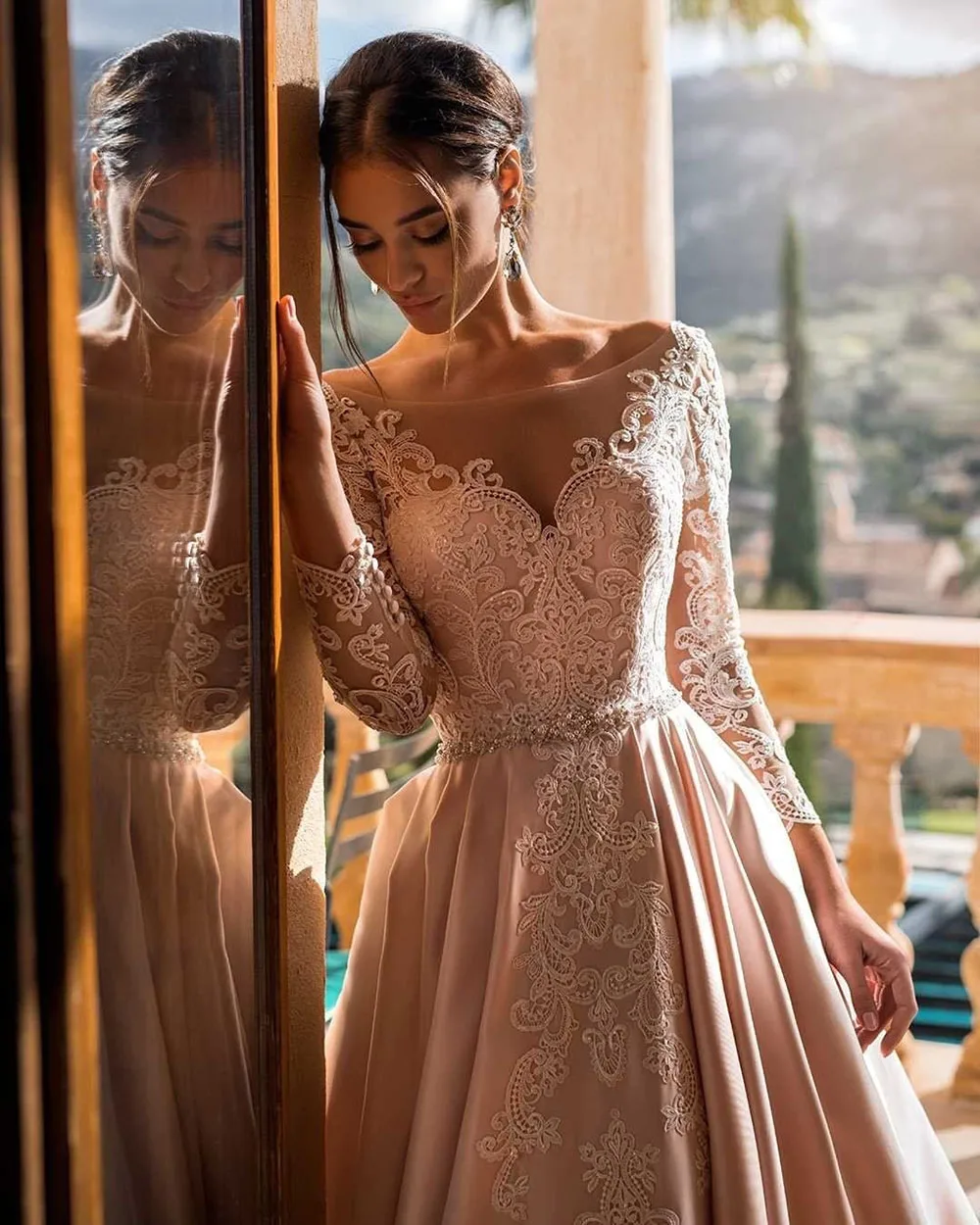 Msikoods-vestidos de novia de línea A con apliques de encaje, manga larga, vestido de novia bohemio, cuello en V, elegante, satén suave, vestidos de fiesta de boda 2024