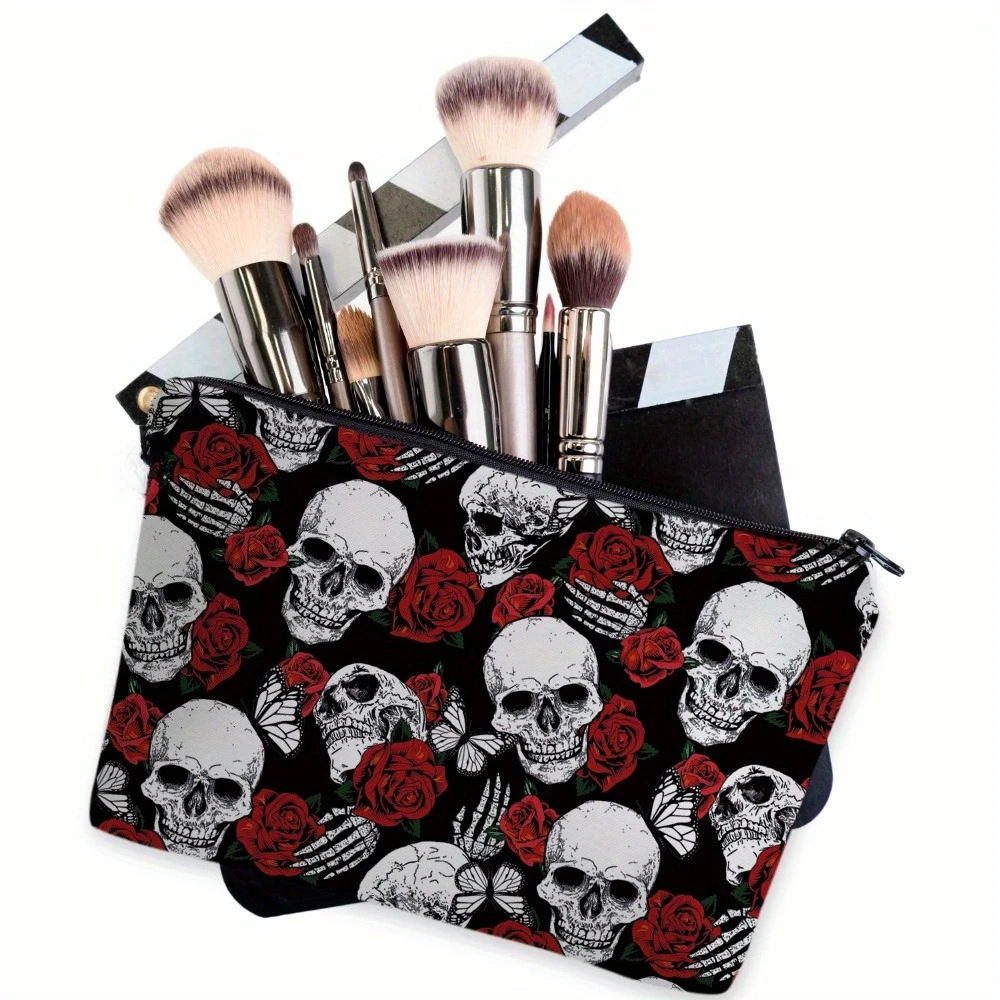 Make-up-Tasche mit Gothic-Rosen- und Totenkopf-Muster, robustes Polyester, tragbare Kosmetiktasche, Reisetasche, großes Fassungsvermögen, Halloween-Geschenk