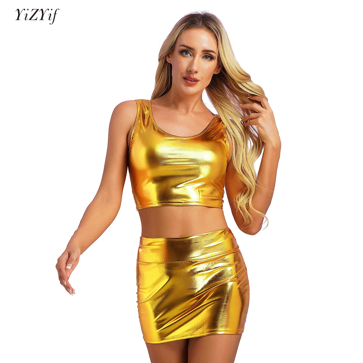 

Womens Shiny Metallic Clothes Sets Sleeveless Scoop Neck Cropped Tank Top with Mini Skirt Sexy Pole Dancing Party Clubwear