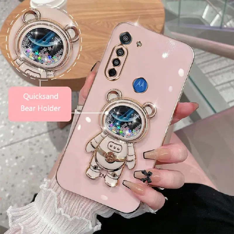 Phone Case For Motorola Moto G8 Motorola G8 Soft Silicone Luxury Plating Cartoon Bear Fold Stand Phone Case Cover