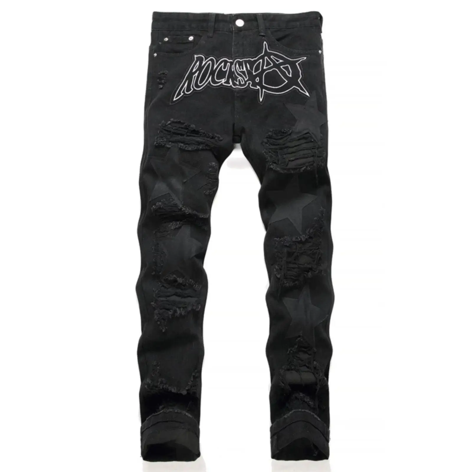 Punk Style Men's Slim Fit Straight Leg Denim Jeans Black Hole Patch Embroidery No Stretch Fashion Urban Casual Cotton Polyest...