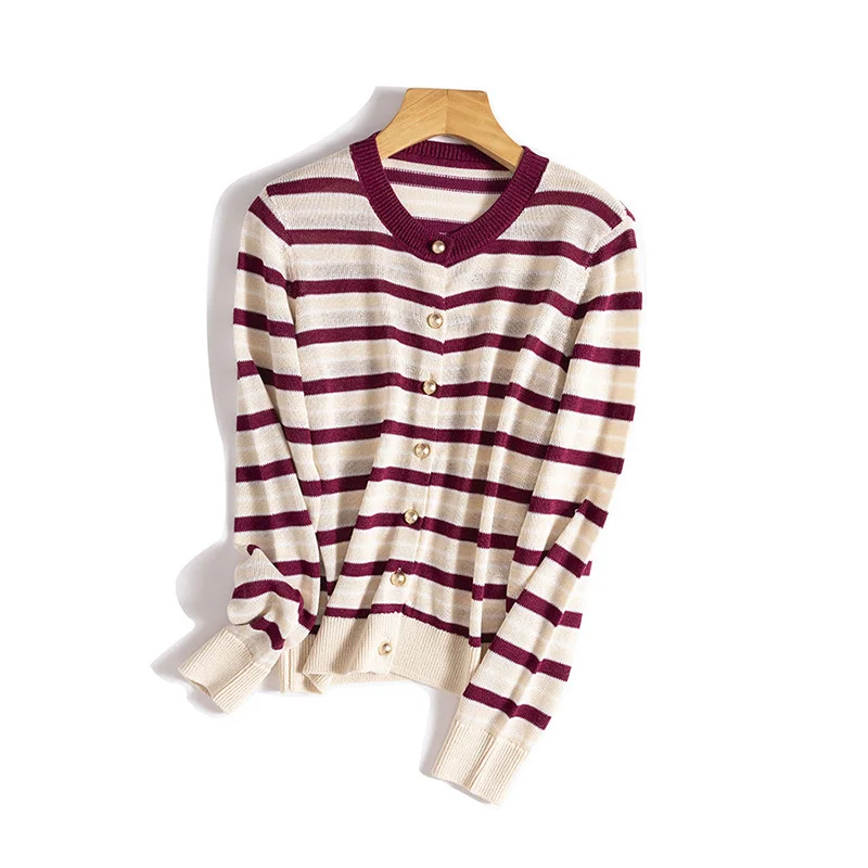 

Spring Summer Striped Knitted Cardigan Women Vintage Round Neck Wool Blend Singe Breasted Sweater