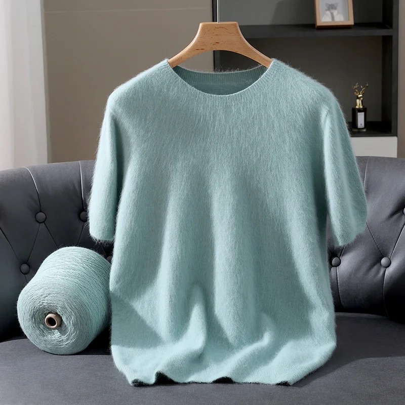 Men's Mink Cashmere Knit Sweater T-Shirt Loose Round Neck Half Sleeved Simple Solid Casual Business Base Short Sleeve Pullover