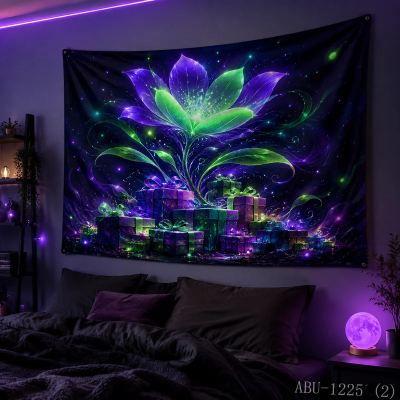 VIKAMA Purple Green Dreamy Lotus Nebula Gift Box Christmas Tapestry HD Background Wall Room Decoration