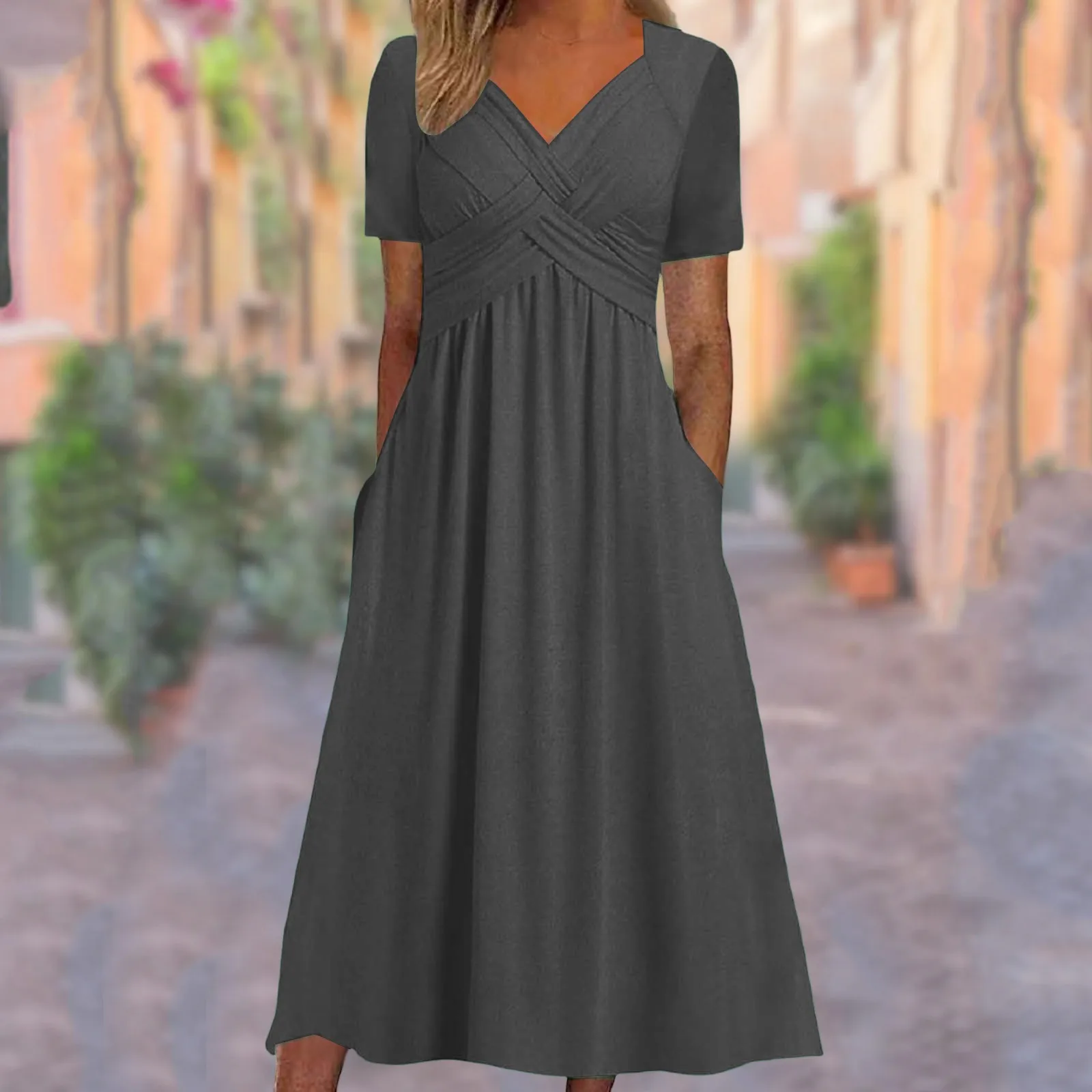 

Casual Personality Loose Female Long Dresses With Pockets V Neck Short Sleeve Solid Color Simplicity Fashion Ladies Dresses