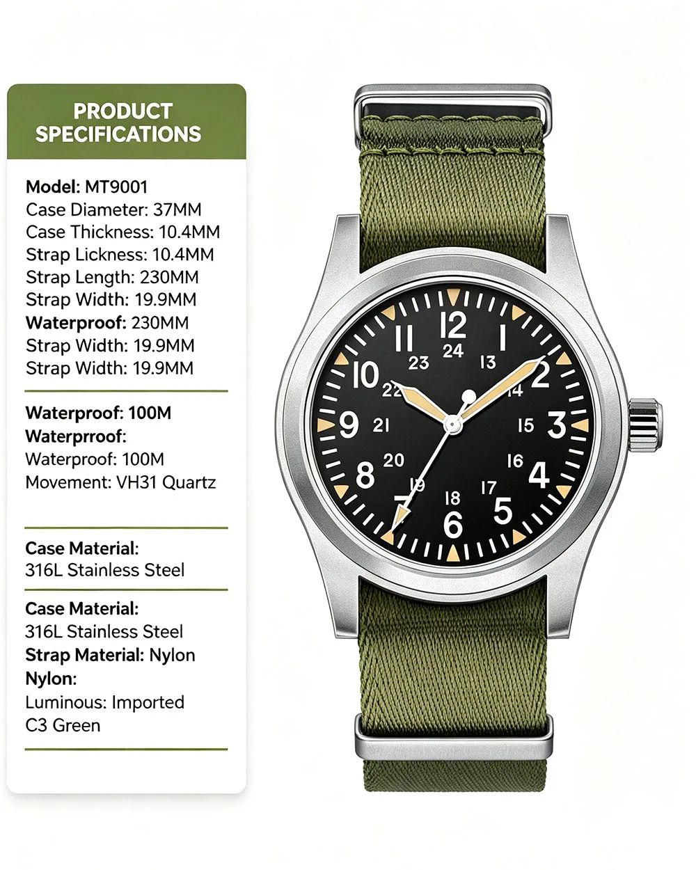 MILITREK 2025 Neue Militäruhr 37mm VH31 Herren Quarzuhr AR Saphir Edelstahl Wasserdicht 10Bar Leuchtend C3 Reloj Hombre – Detail 8