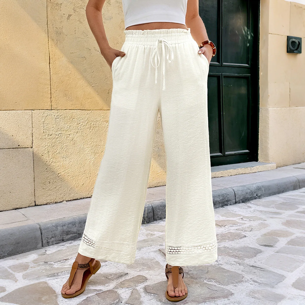 

2026 Spring and Summer New Solid Color Casual Straight Trousers Elastic Waist Casual Pants for Women