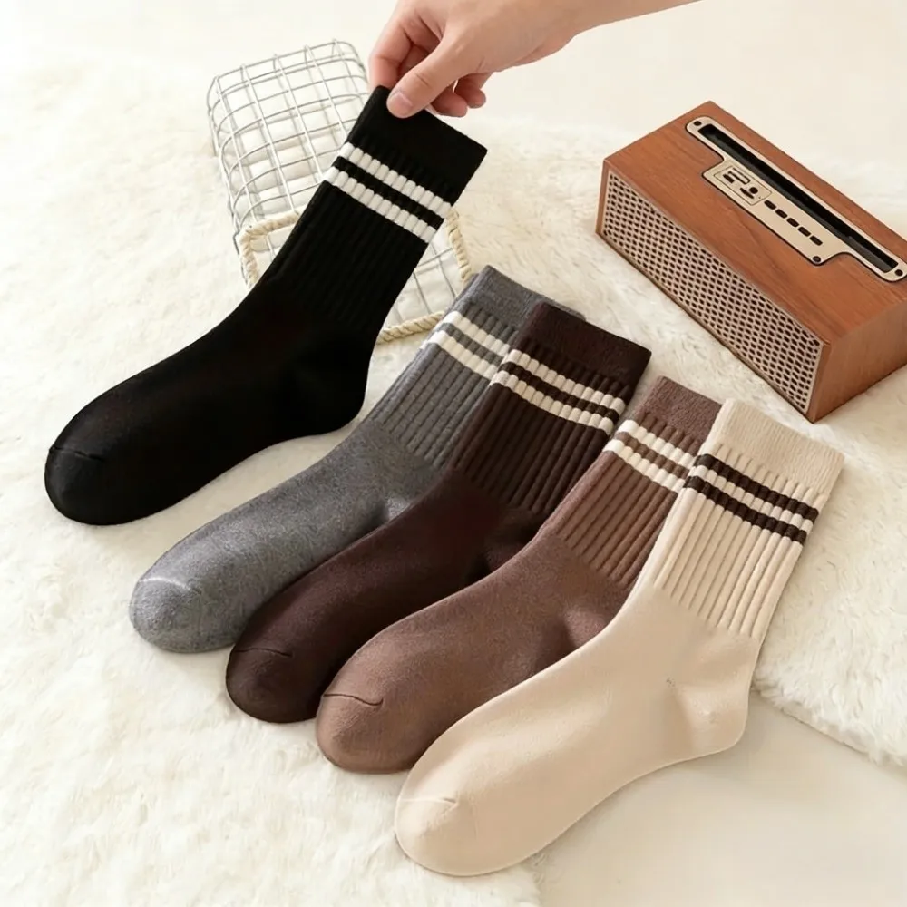 

5paris Simple Soft Stripe Socks Elastic Sweat-Absorbing Cotton Socks Breathable Hosiery Calf Socks Lady