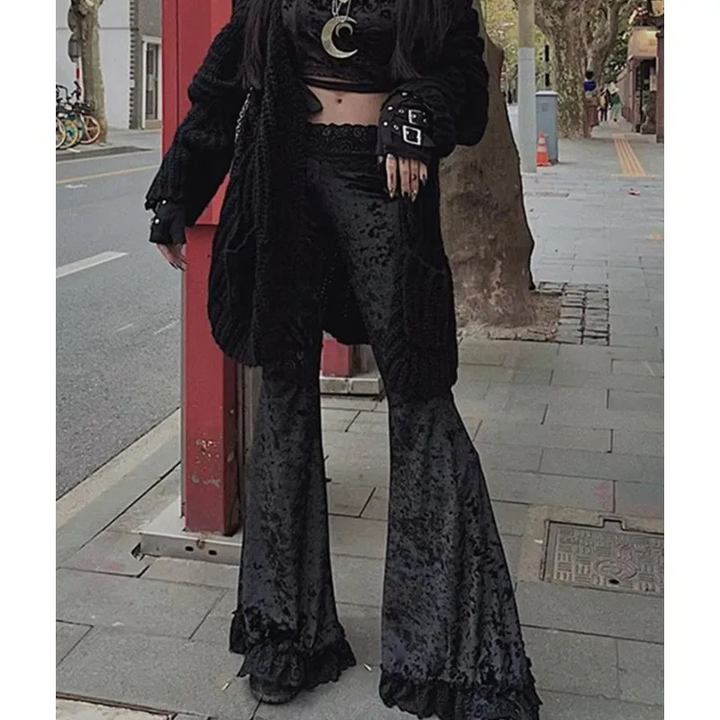 Women Harajuku Punk Gothic Flare Pants Lace Patchwork Hollow Out Black Velvet Mall Goth   P2