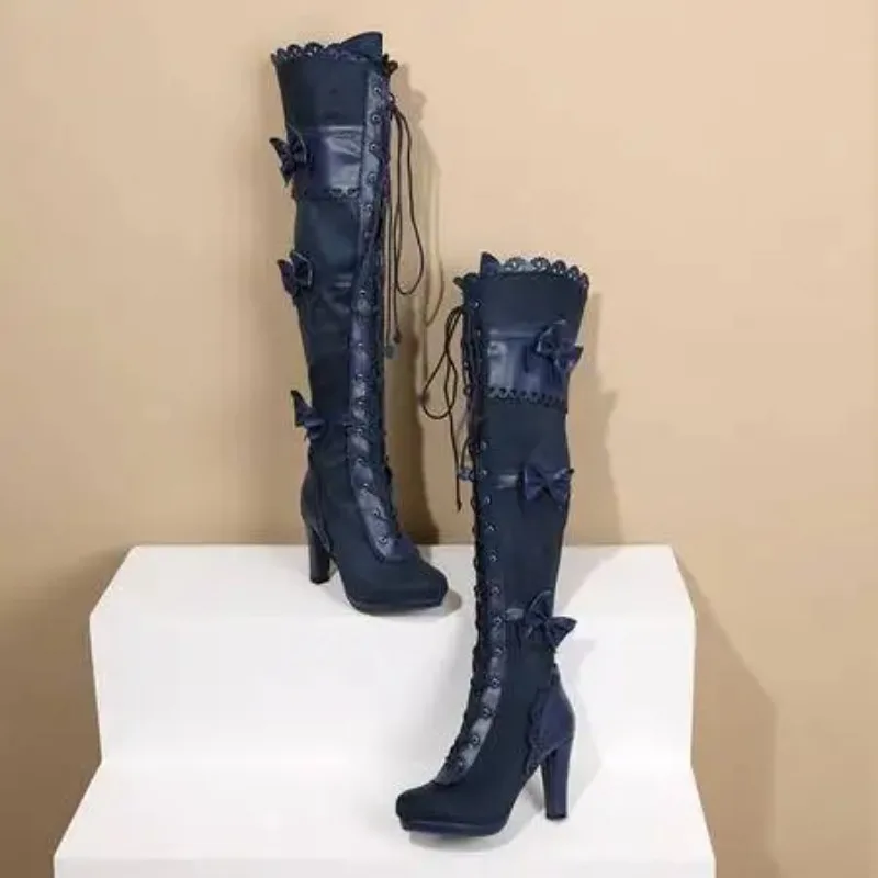 2025 Fashion Women Boots Stretch Over The Knee Sexy Party Shoes High Heels Lace Up Zipper Long Boots Thigh High Botas Female