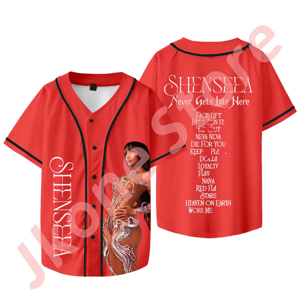 

Shenseea Never Gets Late Here Merch T-shirts Tour New Logo Baseball Jacket Summer Women Men Fashion Casual Short Sleeve