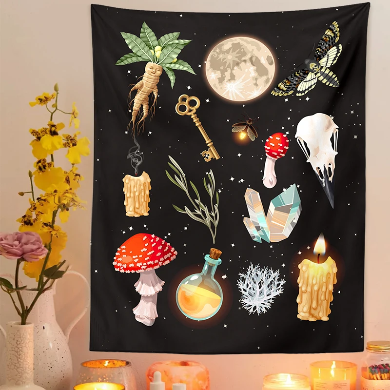 Magic Key Tapestry Witchcraft Moon Starry Sky Map Bohemian Tapestry Literature Room Decoration Holiday Atmosphere Tapestry