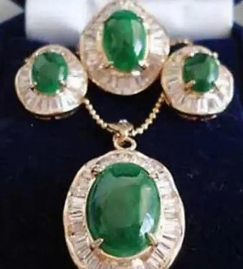 

Emerald Green Jade 18KGP Cubic Zirconia Pendant Necklace Earrings Ring Set