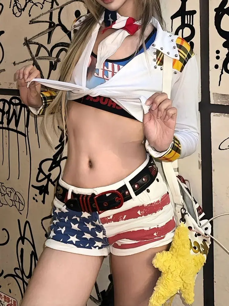 

Шорты Y2k контрастного цвета, джинсы со звездным принтом, женские сексуальные супер шорты с низкой талией