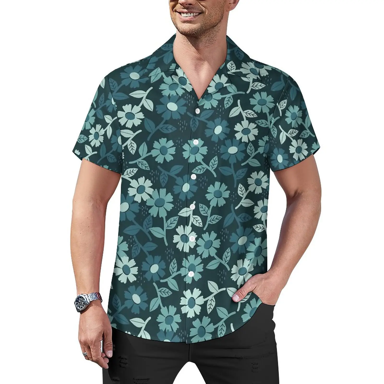 

Denim Ditsy Floral Loose Shirt Male Beach Retro Flowers Casual Shirts Summer Printed Short Sleeve Aesthetic Oversize Blouses