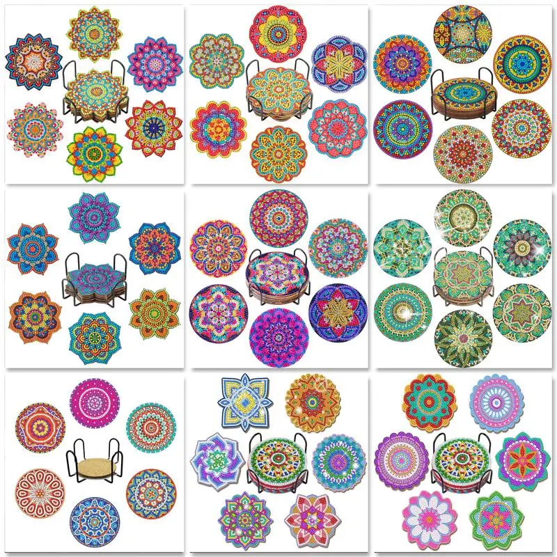 GATYZTORY 6pc/Sets Diamond Painting Coasters 5D DIY Round Diamond Mosaic Mandala Cup Coasters with Holder