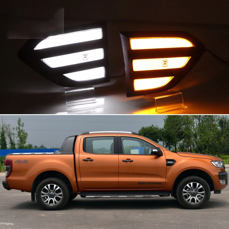 

Car LED DRL 12V Daylights For Ford Ranger 2015 - 2019 Yellow Turn Signal Daytime Running Headlamps Auto Driving Lamp Foglamps