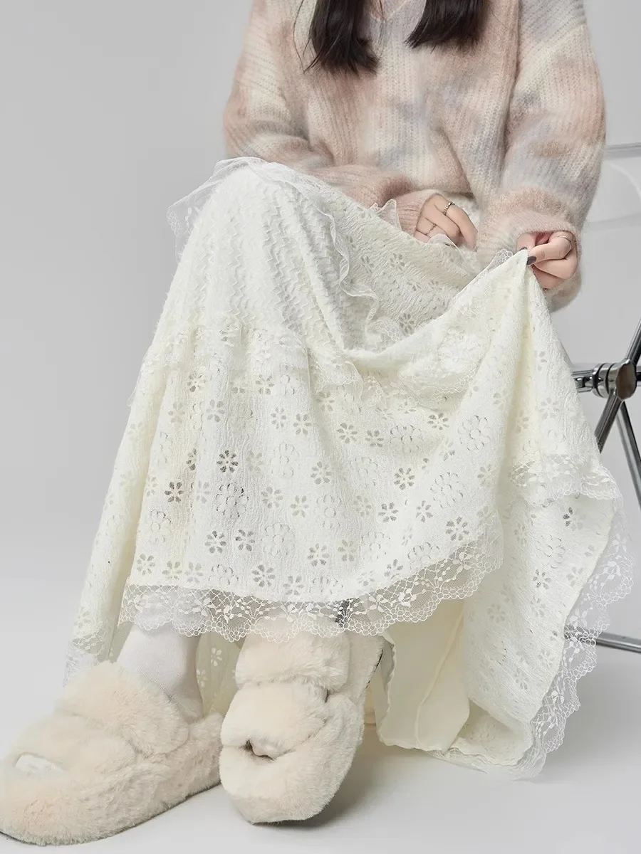 لطيف الرياح عالية الخصر ألف خط الدانتيل الربط تنورة طويلة المرأة خرافة كعكة تنورة منتصف طول ميدي تنورة لخريف شتاء #3