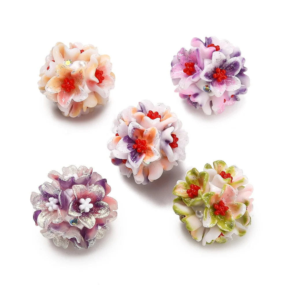 KitBeads 20pcs Flower Cluster Resin Beads Rhinestone Clay Pave Beads Multicolor Floral Round Loose Beads for Bracelet Necklace