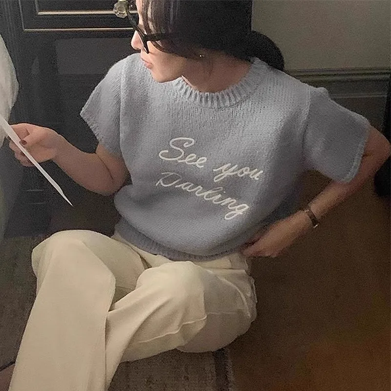 Neploe Korean Fashion O-neck Letter Sweater Mujer Spring New Loose All-match Knitted Tops Women Y2k Short Sleeve Pullovers