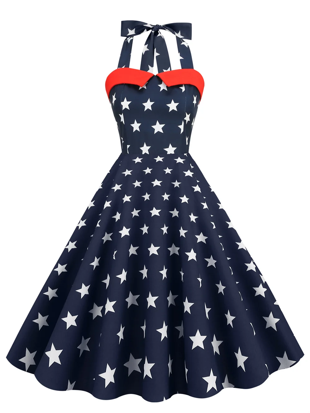 2023 Women Star Print Summer Dress Sexy Retro Blue Red Halter Vintage Dress Robe Femme Pin Up 50S 60s Rockabilly Party Dresses