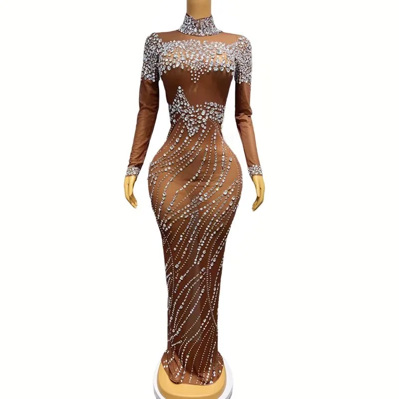 

Sparkly Rhinestones Birthday Celebrate Evening Party Transparent Mesh Long Dress Women Singer Performance Clothes Stage Costume