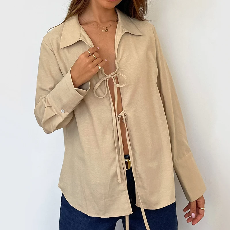 TARUXY Hollow Out Lace Up White Cotton Linen Shirt Women's Long Sleeve Loose Casual Sexy Lapel Cardigan Top Female Summer new