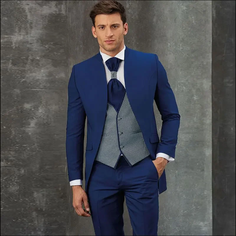 Fashion Wedding Suits for Men Blazer Blue Single Breasted Stand Lapel Luxury Terno 3 Piece Jacket Pants Vest Slim Fit Costume